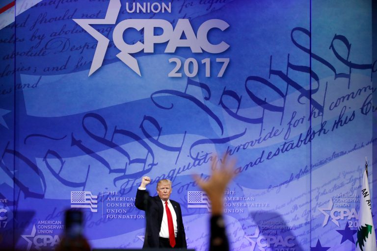President Donald Trump gestures as he leaves after speaking at the Conservative Political Action Conference (CPAC), Friday, Feb. 24, 2017, in Oxon Hill, Md. (AP Photo/Alex Brandon)