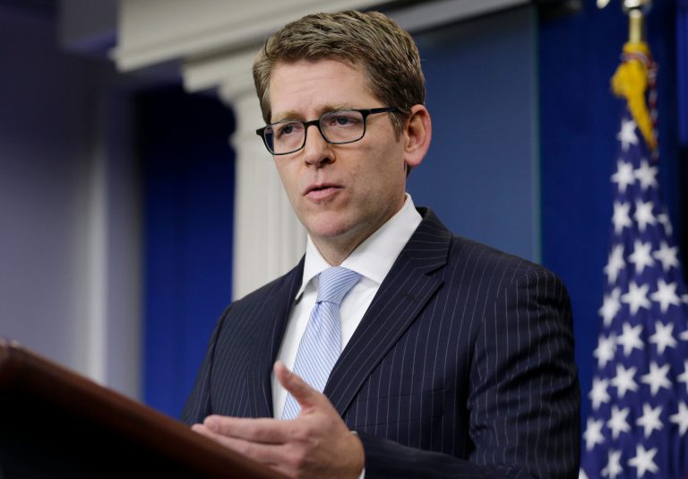 White House press secretary Jay Carney gestures as he speaks during his daily news briefing at the White House in Washington, Monday, Feb. 3, 2014. Carney discussed Syria, President Barack Obama's trip to Middle East ally Saudi Arabia next month, and other topics. (AP Photo/Carolyn Kaster)