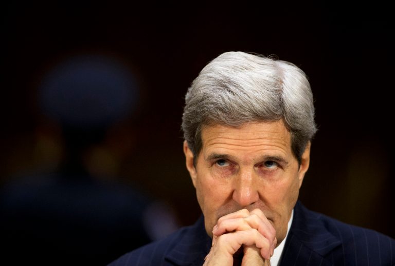 Secretary of State John Kerry listens to opening statements on Capitol Hill in Washington, Wednesday, March 11, 2015, prior to testifying before the Senate Foreign Relation Committee. (AP Photo/Pablo Martinez Monsivais)