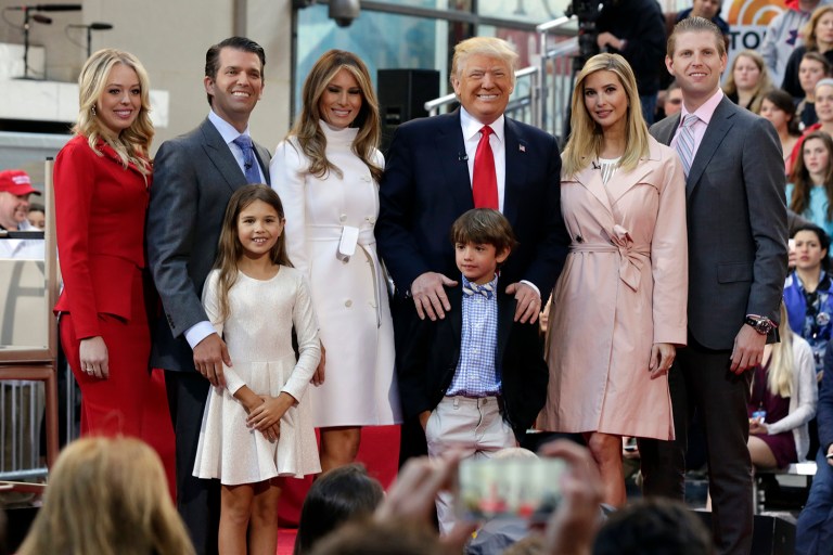 Republican presidential candidate Donald Trump poses with his family. From left are: daughter Tiffany Trump, son Donald Trump Jr., his wife Melania Trump, daughter Ivanka Trump, and son Eric Trump. Standing In the front row are Kai Trump and Donald Trump III, children of Donald Trump Jr. (AP Photo/Richard Drew)