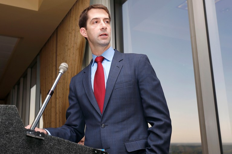 U.S. Sen. Tom Cotton, R-Ark., said world leaders in Asia are unhappy with all three candidates left in the race for president. (AP Photo/Danny Johnston)