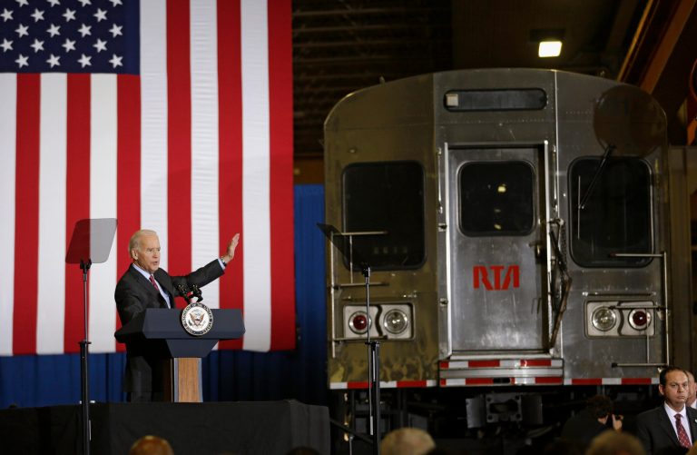 Vice President Joe Biden speaks on infrastructure investment, Wednesday, May 14, 2014, at the Greater Cleveland Regional Transit Authority in Cleveland. Biden stressed the importance of the US spending money on infrastructure to keep roads and bridges safe. (AP Photo)