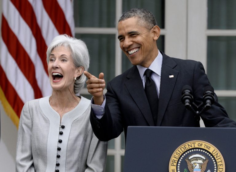 President Obama shares a laugh with outgoing Health and Human Services Secretary Kathleen Sebelius in the Rose Garden of the White House on Friday. (AP/Susan Walsh)