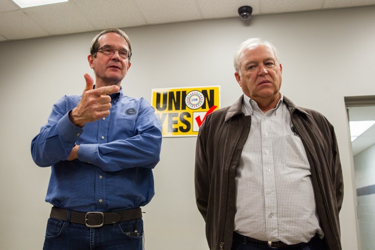 United Auto Workers President Bob King, left, and Dennis Williams, now secretary-treasurer for the union, discuss the union's 712-626 defeat in an election at the Volkswagen plant in Chattanooga, Tenn., on Feb. 14. (AP Photo/Erik Schelzig)