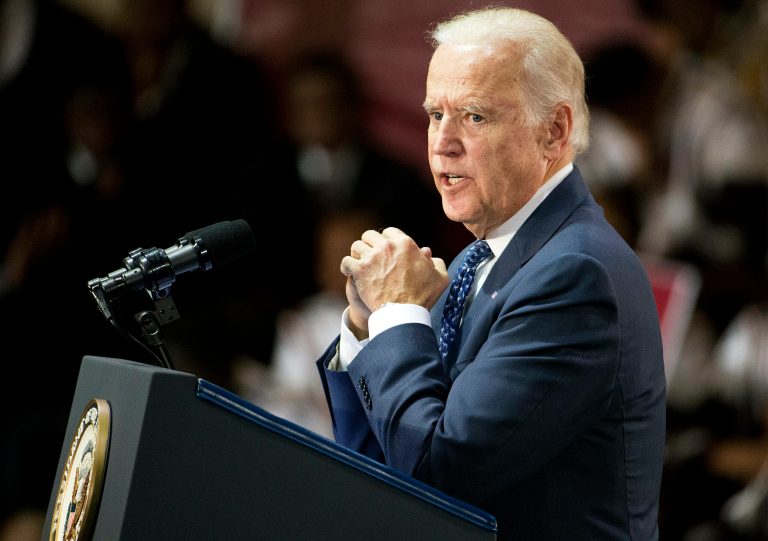Vice President Joe Biden said despite his disagreements with Republican presidential candidate Donald Trump, he believes the GOP front-runner could become the next president of the United States. (AP Photo/David Goldman)