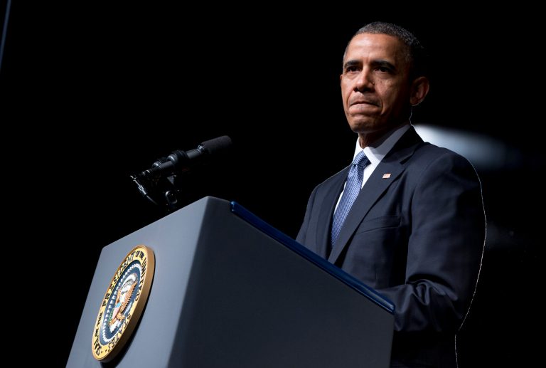 President Obama pauses as he speaks at the LBJ Presidential Library, Thursday, April 10, 2014, in Austin, Texas, during the Civil Rights Summit to commemorate the 50th anniversary of the signing of the Civil Rights Act. (AP/Carolyn Kaster)