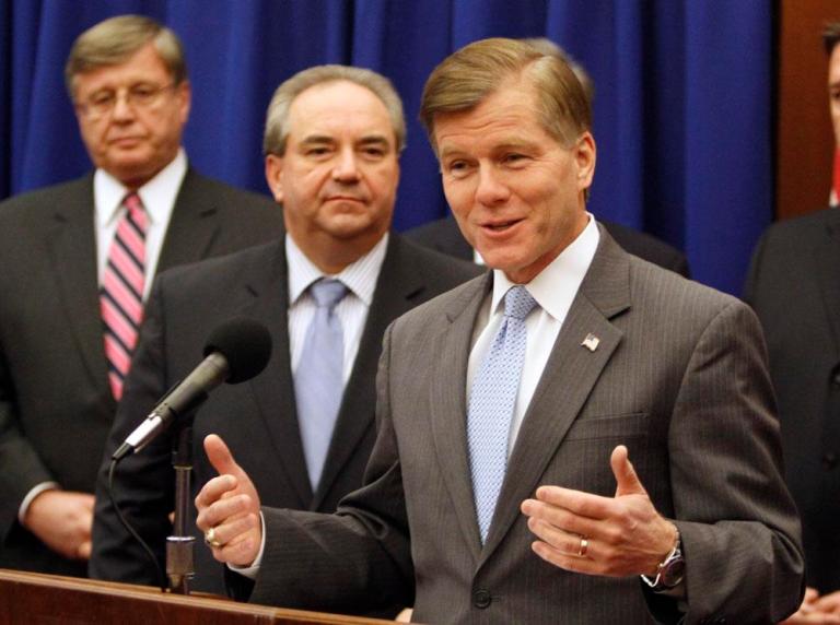 Virginia Gov. Bob McDonnell, right, gestures as he is joined by Lt. Gov. Bill Bolling, left, as they announce their legislative agenda during a news conference at the Capitol in Richmond on Wednesday.
