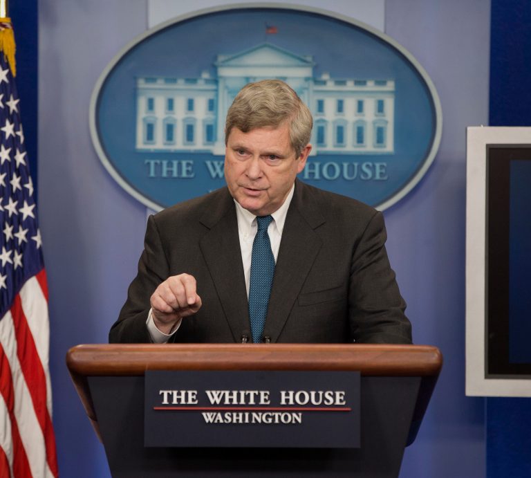 Agriculture Secretary Tom Vilsack announces new climate zones to help farmers deal with climate change, Wednesday, Feb. 5, 2014, during the daily news briefing at the White House in Washington. The government will assess the climate risk in each of these zones, such as forest fires, drought, floods and then help farmers deal with it. (AP Photo/Pablo Martinez Monsivais)