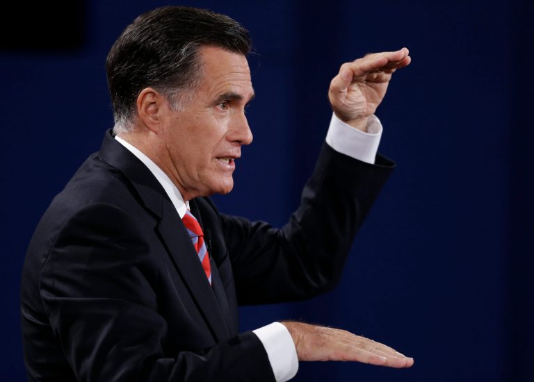 Republican presidential nominee Mitt Romney makes a point during the third presidential debate with President Barack Obama at Lynn University, Monday, Oct. 22, 2012, in Boca Raton, Fla. (AP Photo/David Goldman)