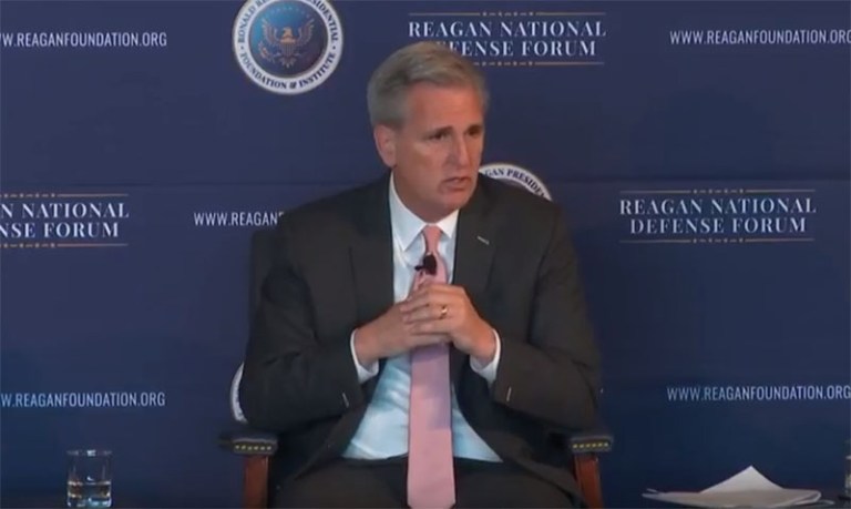 Rep. Kevin McCarthy, R-Calif., the House majority leader, said Saturday that it will be a two-week continuing resolution, or CR, to buy more time for negotiations aimed at raising a $549 billion cap on base defense spending for 2018. (Screen shot)