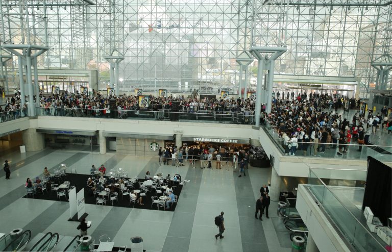 The Javits Center has a massive glass ceiling, a point of symbolism reporters will no doubt mention. (Photo by Eric Charbonneau/Invision for Twentieth Century Fox/AP Images)
