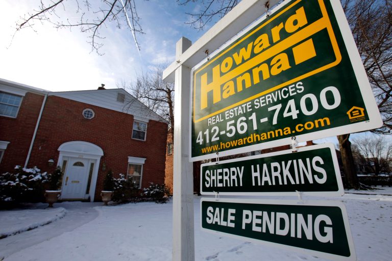 FILE - This Thursday, Jan. 9, 2014, file photo, shows a for sale sign in front of a house in Mount Lebanon, Pa.  Standard & Poor's/Case-Shiller reports on U.S. home prices in February on Tuesday, April 29, 2014. (AP Photo/Gene J. Puskar, File)