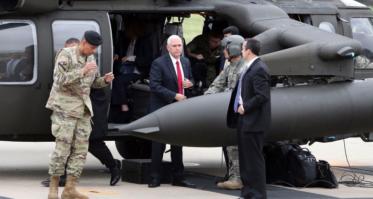 U.S. Vice President Mike Pence, center, arrives at Camp Bonifas outside of the Demilitarized Zone, near the border village of Panmunjom, in Paju, South Korea. (AP Photo/Lee Jin-man)