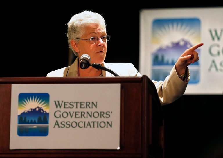 EPA Administrator Gina McCarthy delivers a keynote speech during the annual Western Governors' Association Meeting, at the Broadmoor Hotel in Colorado Springs, Tuesday, June 10, 2014. The head of the Environmental Protection Agency promoted currently proposed clean power plant rules to Western governors Tuesday, framing the plan as a way to deal with destructive wildfires and floods that have ravaged the region in recent years. (AP Photo/Brennan Linsley)
