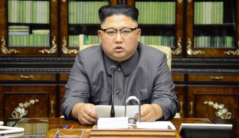 In this Thursday, Sept. 21, 2017, photo distributed by the North Korean government, North Korean leader Kim Jong Un delivers a statement in response to U.S. President Donald Trump's speech to the United Nations, in Pyongyang, North Korea. (Korean Central News Agency/Korea News Service via AP)