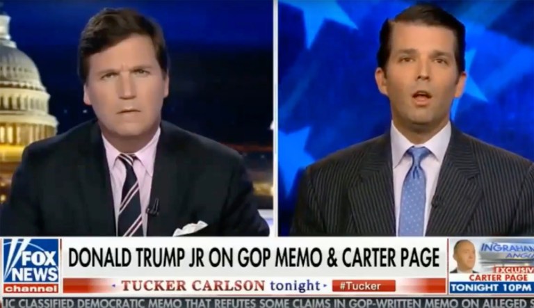 On Fox News Monday, Donald Trump Jr., the president's eldest son, called for the full release of the Foreign Intelligence Surveillance Court transcripts mentioned in a House GOP memo. (screenshot)