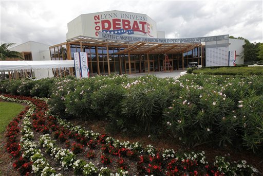 The Keith C. and Elaine Johnson Wold Performing Arts Center, the site off the upcoming presidential debate at Lynn University, is shown, Thursday, Oct. 18, 2012 in Boca Raton, Fla. The small Florida college is awaiting its big moment in the spotlight as the host of the final presidential debate Monday, Oct. 22. (AP Photo/Wilfredo Lee)