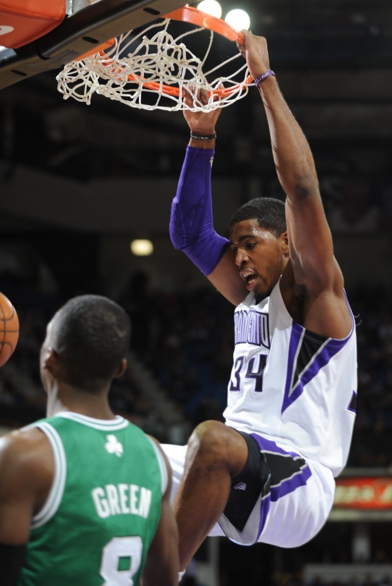   Jason Thompson of the Sacramento Kings dunks against the Boston Celtics during an NBA basketball game on Sunday, Dec. 30, 2012 at Sleep Train Arena in Sacramento, Calif. (AP Photo/ The Sacramento Bee, Hector Amezcua)MANDATORY CREDIT  
