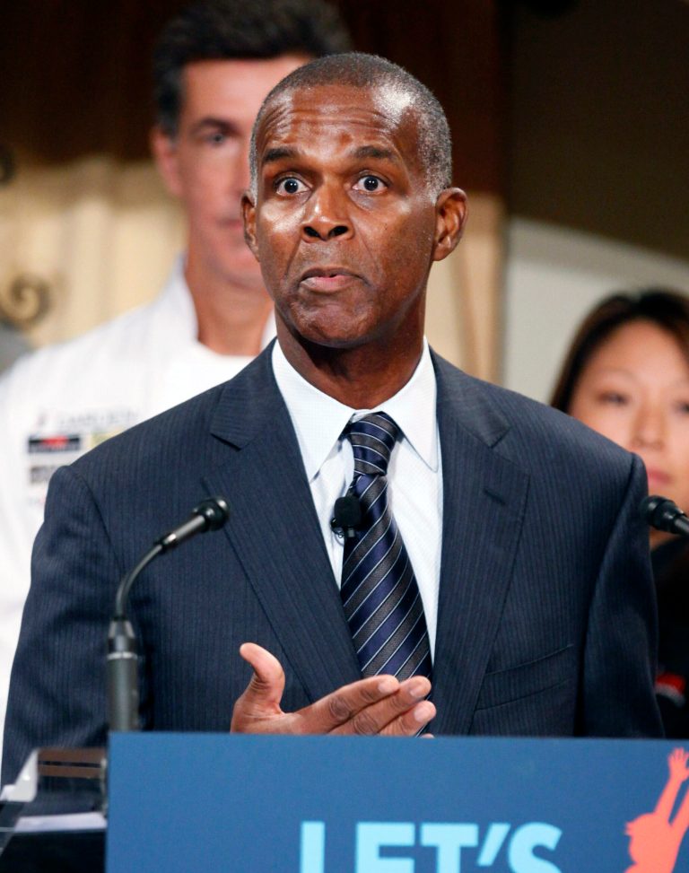 FILE - In this Sept. 15, 2011, file photo, Darden Restaurants CEO and chairman Clarence Otis speaks in Hyattsville, Md. Otis is stepping down as the company fights to fix its flagship Olive Garden chain following the sale of Red Lobster. (AP Photo/Manuel Balce Ceneta, File)