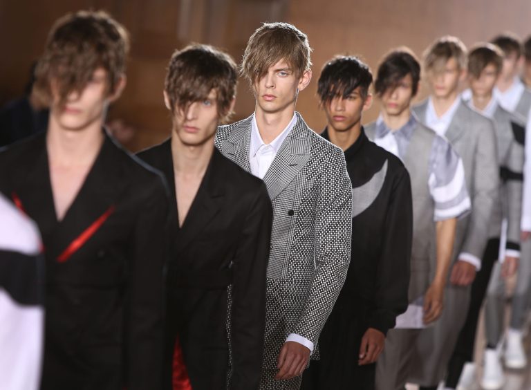 Models wear creations by Alexander McQueen during London Men's spring summer fashion collections 2015, at the Royal College of Surgeons of England by Lincoln's Inn Fields, central London, Monday, June 16, 2014. (Photo by Joel Ryan/Invision/AP)