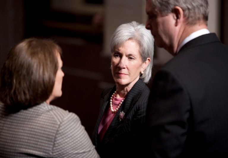 WASHINGTON, DC - MARCH 20: U.S. Kathleen Seblius, Secretary of Health and Human services, speaks with Karen G. Mills, Administrator of the Small Business Administration and Tom Vilsack, Secretary of Agriculture before President Barack Obama spoke to the Democratic Caucus about the need to pass the Health Care Reform bill on Capitol Hill, March 20, 2010 in Washington, DC. The House is expected to vote on the bill on Sunday, March 21. (Photo by Joshua Roberts/Getty Images)