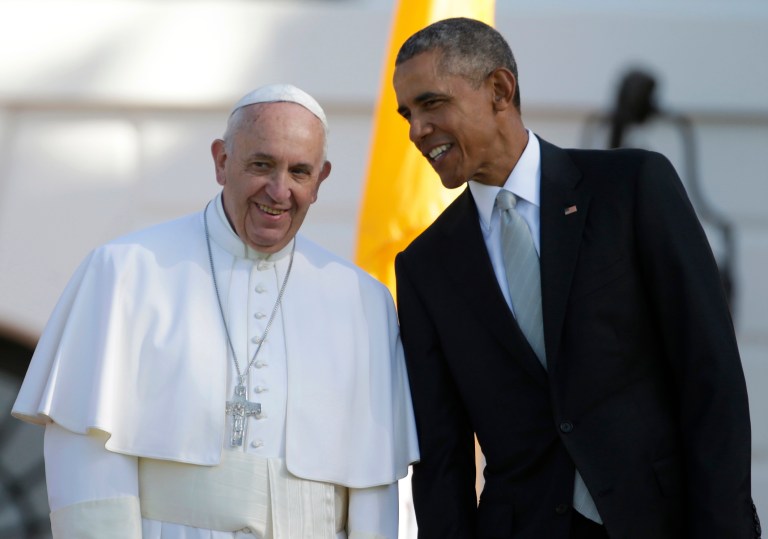 President Barack Obama leans over to talk to Pope Francis during a state arrival ceremony on the South Lawn of the White House in Washington, Wednesday, Sept. 23, 2015. (AP Photo/Pablo Martinez Monsivais)