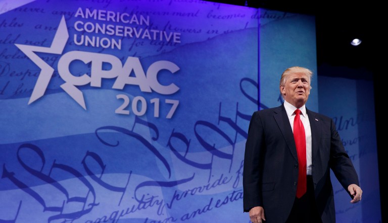 In this 2017 photo, President Trump arrives to speak at the Conservative Political Action Conference. Trump is set to speak again at this year's CPAC, but some of his initiatives are unpopular among the movement conservatives who dominate CPAC. (AP Photo/Evan Vucci)
