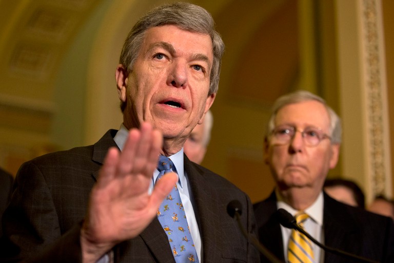Senate Republicans may put off the Trump admin's $30 billion defense supplemental request. Sen. Roy Blunt, left, said that the additional fiscal 2017 funding for Boeing F/A-18 Super Hornets as well as ships, missiles and troops should not be considered while lawmakers wrangle over passing 2017 appropriations bills or an omnibus budget before current federal spending authority expires April 28. (AP Photo/Jacquelyn Martin)