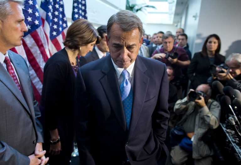 House Speaker John Boehner, R-Ohio, walks away from the microphone during a news conference after a House GOP meeting on Capitol Hill on Tuesday. (AP/Evan Vucci)
