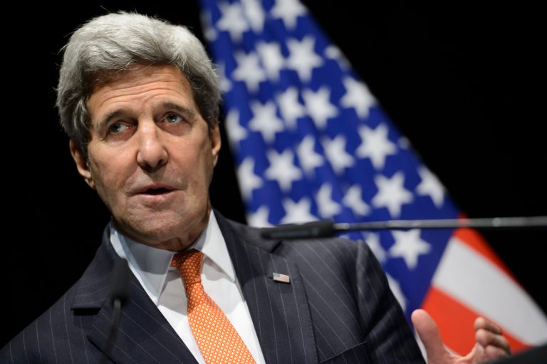 U.S. Secretary of State John Kerry speaks during a press conference after bilateral meetings with Iranian Foreign Minister Mohammad Javad Zarif about Iran's nuclear program , in Lausanne, Switzerland, at the Olympic Museum, Saturday, March 21, 2015. (AP Photo/Keystone,Laurent Gillieron)