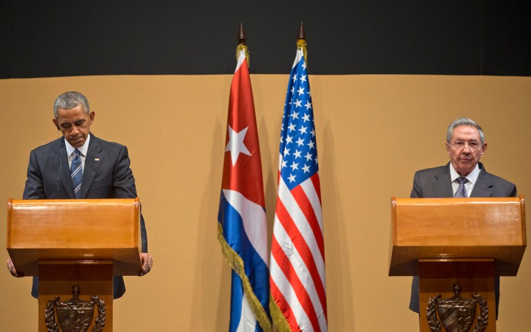 President Obama's policy pronouncements went smoother than his public appearance did with Cuban President Raul Castro, who castigated the United States on human rights as he stood next to the president, after which the two men engaged in an awkward handshake. (AP Photo/Pablo Martinez Monsivais)