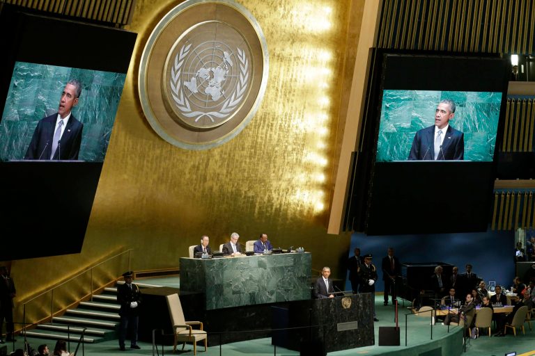 FILE - In this Monday, Sept. 28, 2015 file photo, United States President Barack Obama addresses the 70th session of the United Nations General Assembly at U.N. headquarters. World leaders meeting at the United Nations starting Monday, Sept. 19, 2016, will be trying to make progress on two intractable problems at the top of the global agenda — the biggest refugee crisis since World War II and the Syrian conflict now in its sixth year which has claimed over 300,000 lives. (AP Photo/Mary Altaffer)