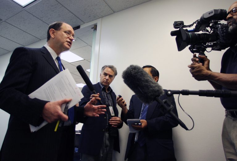 Rep. Brad Sherman, D-Calif., speaks to reporters before meeting about the financial crisis Sunday, Sept. 28, 2008 on Capitol Hill in Washington. (AP Photo/Lauren Victoria Burke)
