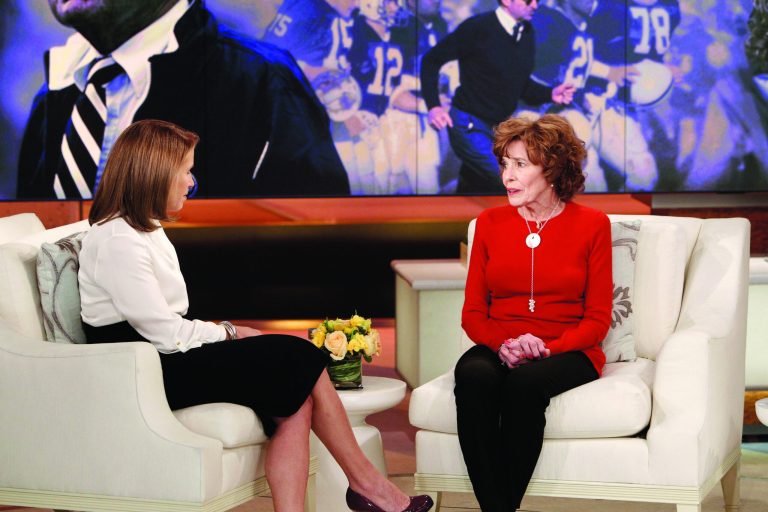 This Feb. 6, 2013 photo released by ABC shows Sue Paterno, widow of legendary football coach Joe Paterno, right, with Katie Couric for an exclusive interview for the 