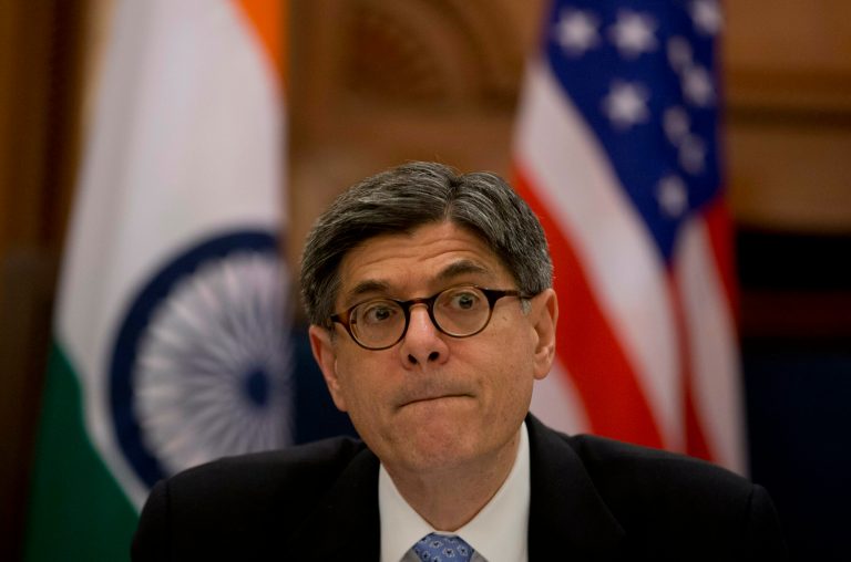 U.S. Treasury Secretary Jacob Lew attends a joint press conference with Indian Finance Minister Arun Jaitley in New Delhi, India, Thursday, Feb. 12, 2015. (AP Photo/Saurabh Das)