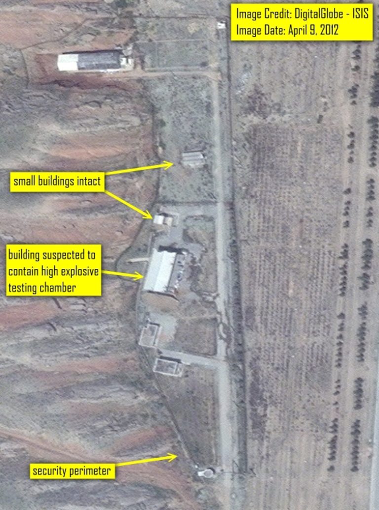   In this image released by ISIS, satellite imagery of the Parchin site is seen from April 9, 2012, taken before the beginning of major alterations undergone by the site starting in late spring of 2012. The original security perimeter and driveways to the various buildings are clearly visible as are the two small buildings that were later demolished. International officials engaged in a two-pronged effort Wednesday Dec. 12 2012 to engage Iran over concerns the country may have worked on nuclear weapons, with a U.N. team seeking access to a site linked to such suspected activity and European Union negotiators looking to restart talks with Tehran meant to ease such fears. Emailing a series of commercial satellite photographs to The Associated Press Wednesday, the Institute for Science and International Security said the images showed âa steady pace of what appears to be the âreconstructionâ phase of the site which between April and July 2012 had undergone considerable alterations. (AP Photo/ Isis)  