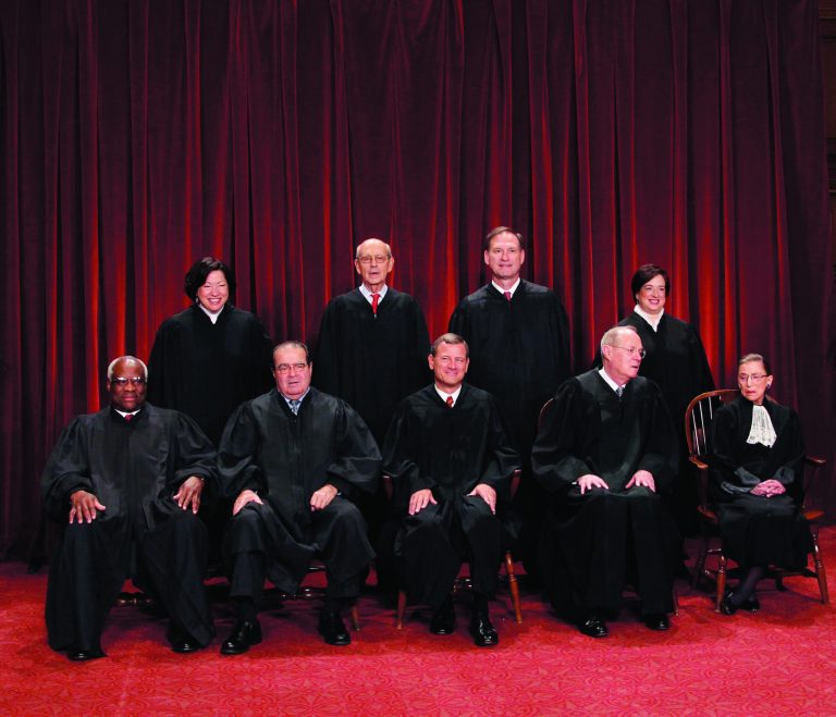 FILE - This Oct. 8, 2010 file photo shows the justices of the U.S. Supreme Court in a group portrait at the Supreme Court Building in Washington. The Supreme Court is embarking on a new term beginning Monday that could be as consequential as the last one with the prospect for major rulings about affirmative action, gay marriage and voting rights. Seated from left to right are: Associate Justice Clarence Thomas, Associate Justice Antonin Scalia, Chief Justice John G. Roberts, Associate Justice Anthony M. Kennedy, Associate Justice Ruth Bader Ginsburg. Standing, from left are: Associate Justice Sonia Sotomayor, Associate Justice Stephen Breyer, Associate Justice Samuel Alito Jr., and Associate Justice Elena Kagan. (AP Photo/Pablo Martinez Monsivais)