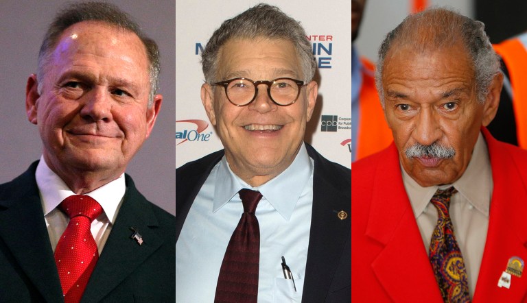 Judge Roy Moore, Sen. Al Franken, and Rep. John Conyers are alleged to have committed a crime to some degree and the response toward what should happen has shifted based on expertise and party affiliation. (AP Photo/Brynn Anderson)