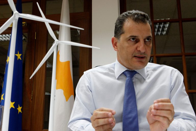 Energy Minister Yiorgos Lakkotrypis speaks during an interview for the Associated Press at his office in the Cypriot capital Nicosia, Thursday, May 8, 2014. Cyprus' energy minister says a land-based facility to process new offshore gas finds remains a top priority, but the search for additional sources of the fuel must move quickly to keep up with a rapidly shifting market. (AP Photo/Petros Karadjias)
