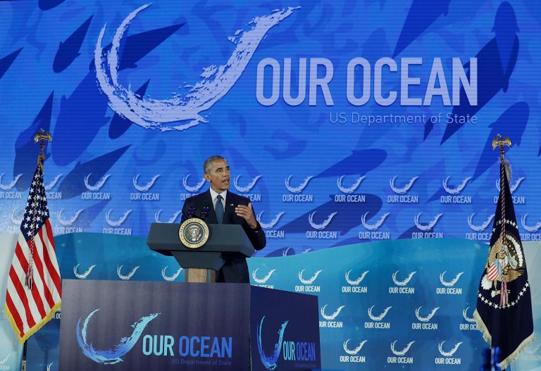 President Barack Obama speaks at the Our Ocean, One Future conference at the State Department in Washington, Thursday, Sept. 15, 2016. (AP Photo/Carolyn Kaster)