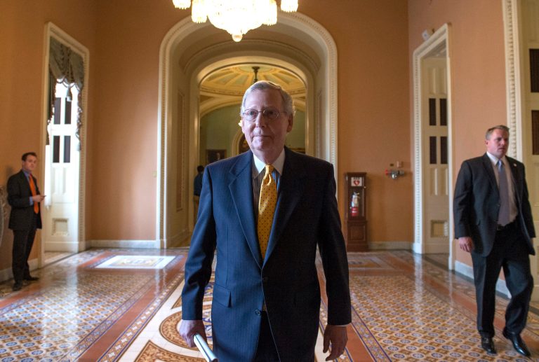 Senate Majority Leader Mitch McConnell walks away after a policy luncheon on Capitol Hill. (AP Photo/Molly Riley)