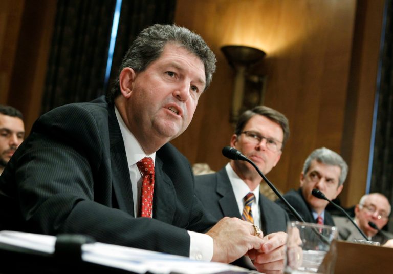 Postmaster General Patrick Donahoe appears before the Senate Homeland Security and Governmental Affairs Committee as the panel examines the economic troubles of the Postal Service, a self-funded federal agency in decline because of the Internet and advertising losses, on Capitol Hill in Washington, Tuesday, Sept. 6, 2011. (AP Photo/J. Scott Applewhite)