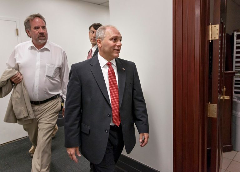 Rep. Steve Scalise, R-La., arrives for a meeting of the House Republican Conference on Capitol Hill in Washington, Wednesday, June 18, 2014. (AP Photo/J. Scott Applewhite)