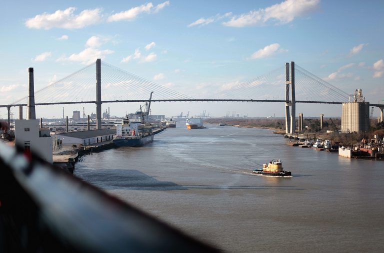 FILE - In this Feb. 21, 2011 file photo, a tugboat sails down the Savannah River in Savannah, Ga. A joint board of officials from South Carolina and Georgia were told on Thursday, May 22, 2014 in Charleston, S.C., that it appears the river can handle ships both calling on the Georgia ports as well as at a planned $3.3 billion container ship terminal on the South Carolina side of the river just downstream from the city. (AP Photo/David Goldman, file)
