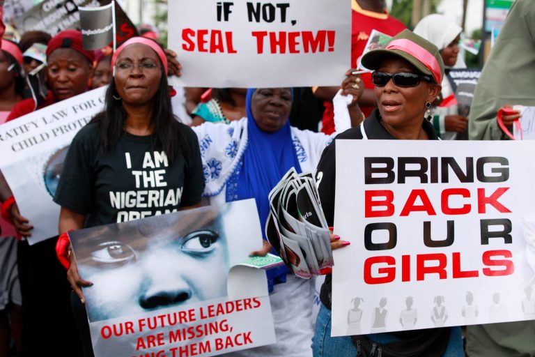 Women attend a demonstration calling on the government to rescue kidnapped school girls of a government secondary school Chibok, in Lagos, Nigeria, Monday May 5, 2014. (AP Photo/Sunday Alamba)