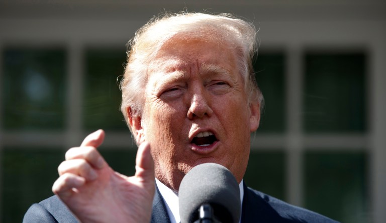 President Donald Trump speaks with reporters in the Rose Garden of the White House, Monday, Oct. 16, 2017, in Washington. (AP Photo/Evan Vucci)