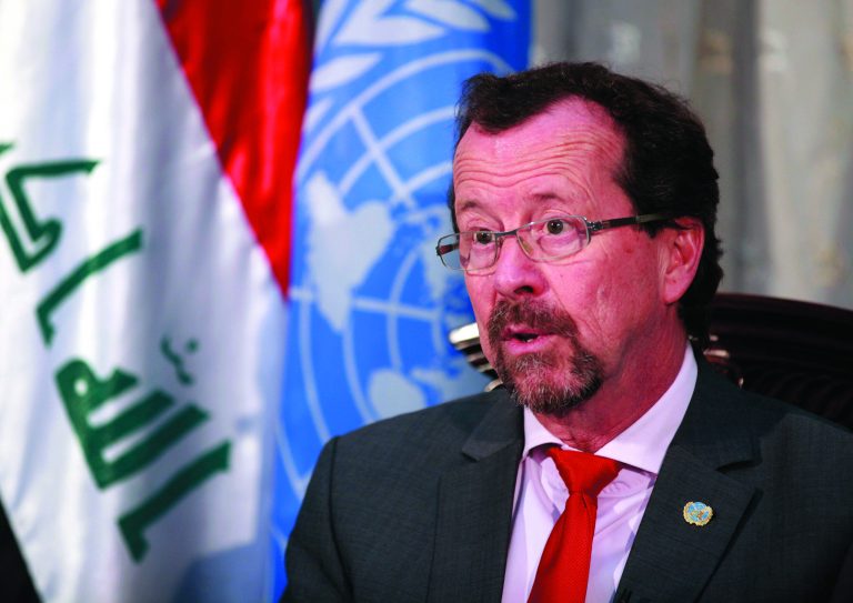 Martin Kobler, top U.N. envoy to Iraq speaks during an interview with The Associated Press in the heavily protected Green Zone in Baghdad, Iraq, Monday, Feb. 11, 2013. The U.N. envoy to Iraq says the Shiite-led government can do more to address demands by the country's restive Sunni minority. (AP Photo/Hadi Mizban)