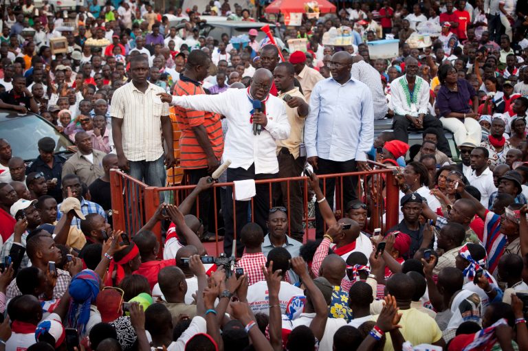   Nana Akufo-Addo, center, presidential candidate of the opposition New Patriotic Party, addresses supporters during a rally protesting the results of last Friday's presidential election, in Accra, Ghana, on Tuesday, Dec. 11, 2012. Ghana's opposition party said Tuesday that they plan to contest the results of the election, ignoring the appeals of the international community, which fears that a protracted political fight could destabilize one of the only established democracies in the region. Akufo-Addo, who lost the 2008 presidential election by less than one percent, finished with 47.7 percent of Friday's vote, placing him second behind President John Dramani Mahama. (AP Photo/Gabriela Barnuevo)  
