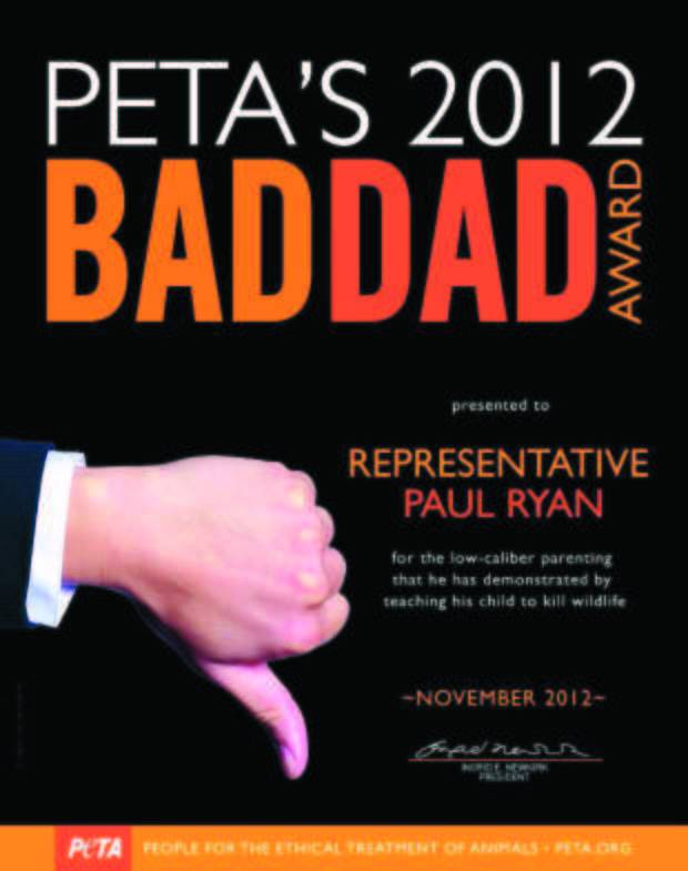 PETA's critical award to Rep. Paul Ryan.