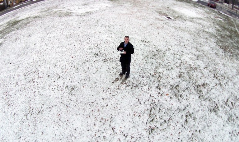 This December 2013 photo, taken by a camera mounted on a drone aircraft and provided by Pedro Rivera, shows Rivera in Hartford, Conn. Rivera filed a federal lawsuit Tuesday, Feb. 18, 2014, alleging that Hartford police officers violated his  rights by demanding he stop using the aircraft to record images of an auto accident.  (AP Photo/Pedro Rivera)